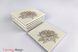 Set of 6 square lacquer coasters engraved with dahlia